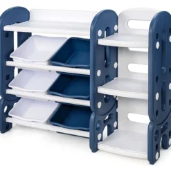 Kinder Spielzeugregal mit 6 Aufbewahrungsboxen und 4 Ablagen Eckregal aus Kunststoff Kinderregal 112 x 35 x 92 cm Blau