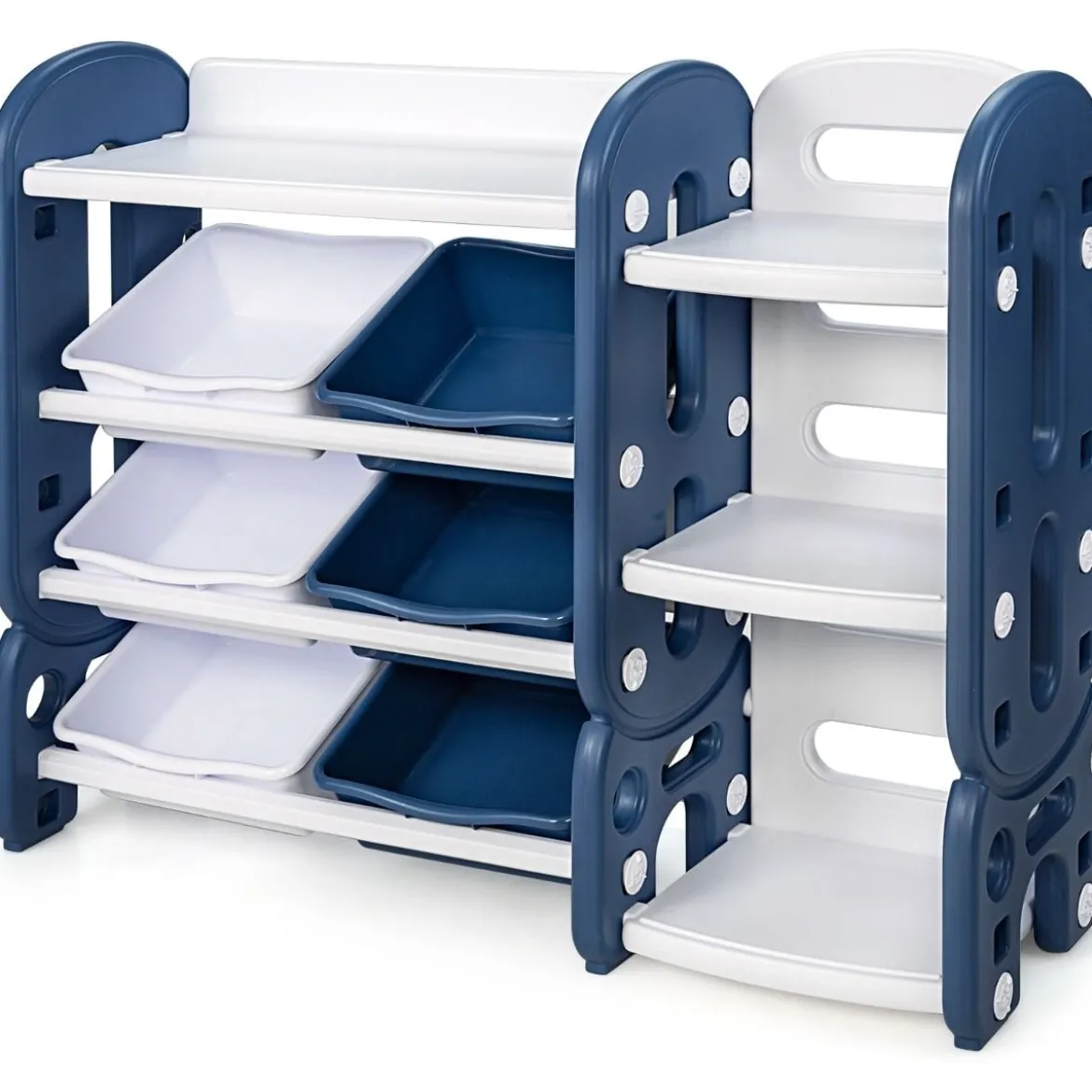 Kinder Spielzeugregal mit 6 Aufbewahrungsboxen und 4 Ablagen Eckregal aus Kunststoff Kinderregal 112 x 35 x 92 cm Blau