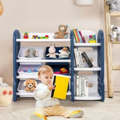 Kinder Spielzeugregal mit 6 Aufbewahrungsboxen und 4 Ablagen Eckregal aus Kunststoff Kinderregal 112 x 35 x 92 cm Blau