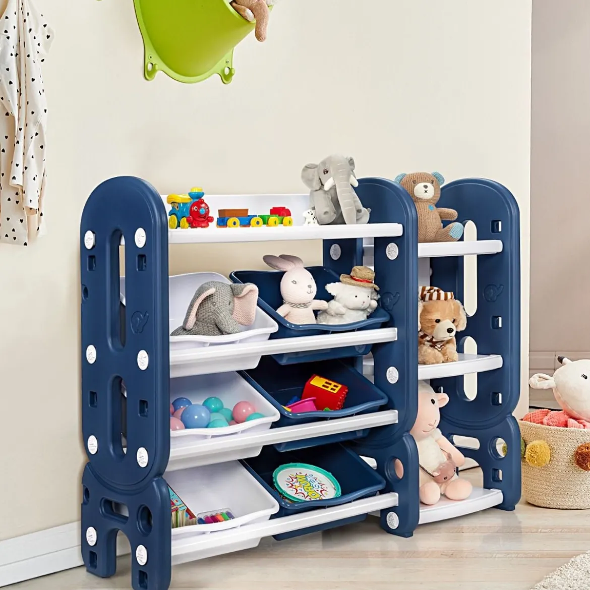 Kinder Spielzeugregal mit 6 Aufbewahrungsboxen und 4 Ablagen Eckregal aus Kunststoff Kinderregal 112 x 35 x 92 cm Blau