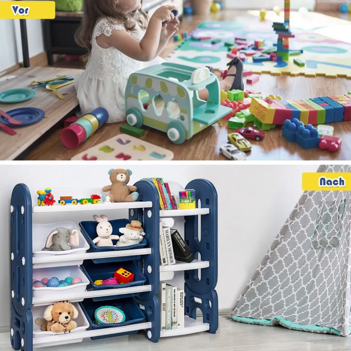 Kinder Spielzeugregal mit 6 Aufbewahrungsboxen und 4 Ablagen Eckregal aus Kunststoff Kinderregal 112 x 35 x 92 cm Blau