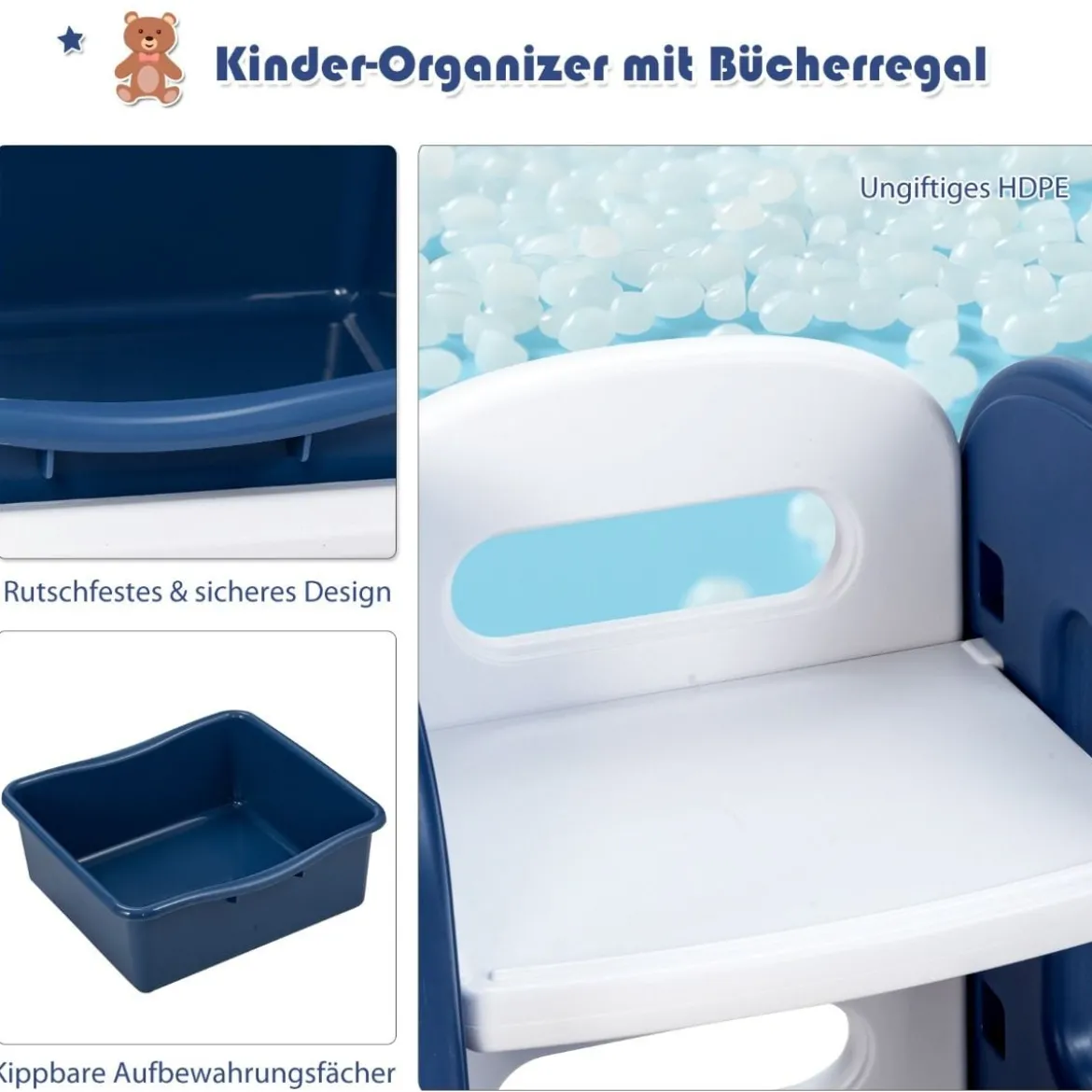 Kinder Spielzeugregal mit 6 Aufbewahrungsboxen und 4 Ablagen Eckregal aus Kunststoff Kinderregal 112 x 35 x 92 cm Blau