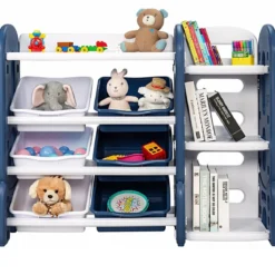 Kinder Spielzeugregal mit 6 Aufbewahrungsboxen und 4 Ablagen Eckregal aus Kunststoff Kinderregal 112 x 35 x 92 cm Blau