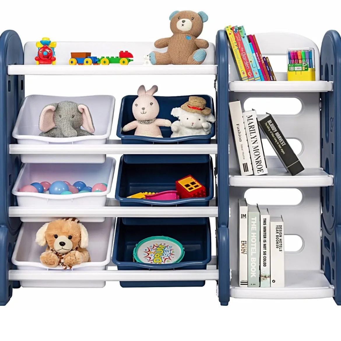 Kinder Spielzeugregal mit 6 Aufbewahrungsboxen und 4 Ablagen Eckregal aus Kunststoff Kinderregal 112 x 35 x 92 cm Blau