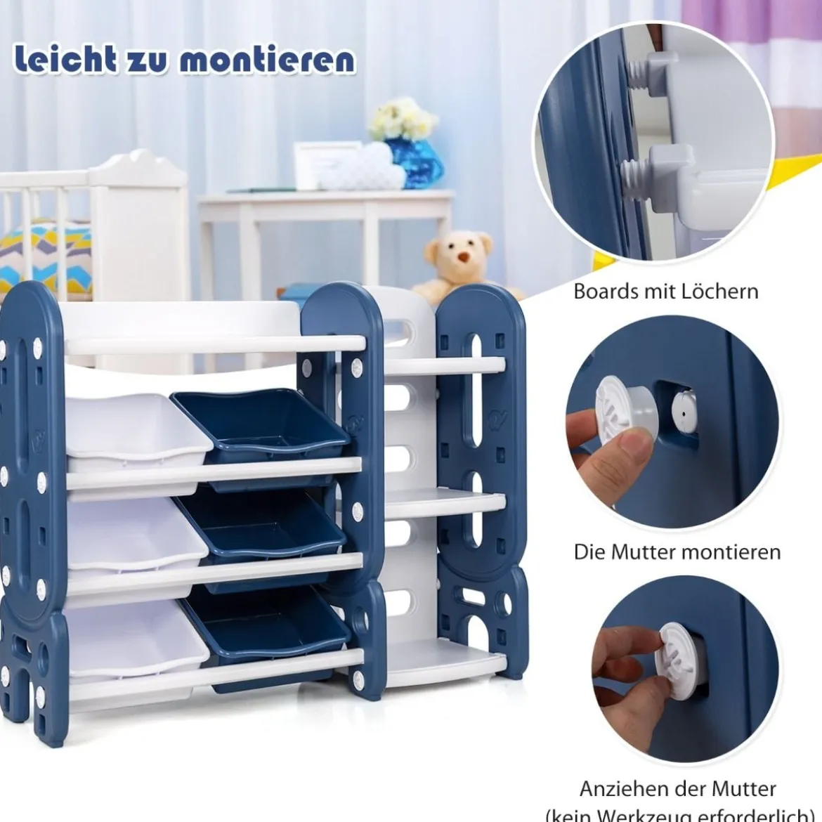 Kinder Spielzeugregal mit 6 Aufbewahrungsboxen und 4 Ablagen Eckregal aus Kunststoff Kinderregal 112 x 35 x 92 cm Blau