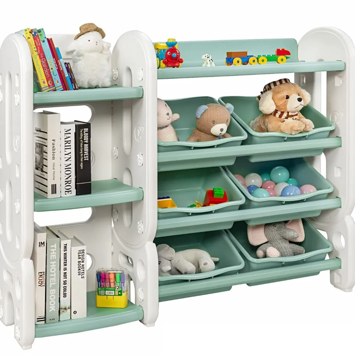 Kinder Spielzeugregal mit 6 Aufbewahrungsboxen und 4 Ablagen Eckregal aus Kunststoff Kinderregal 112 x 35 x 92 cm Grün