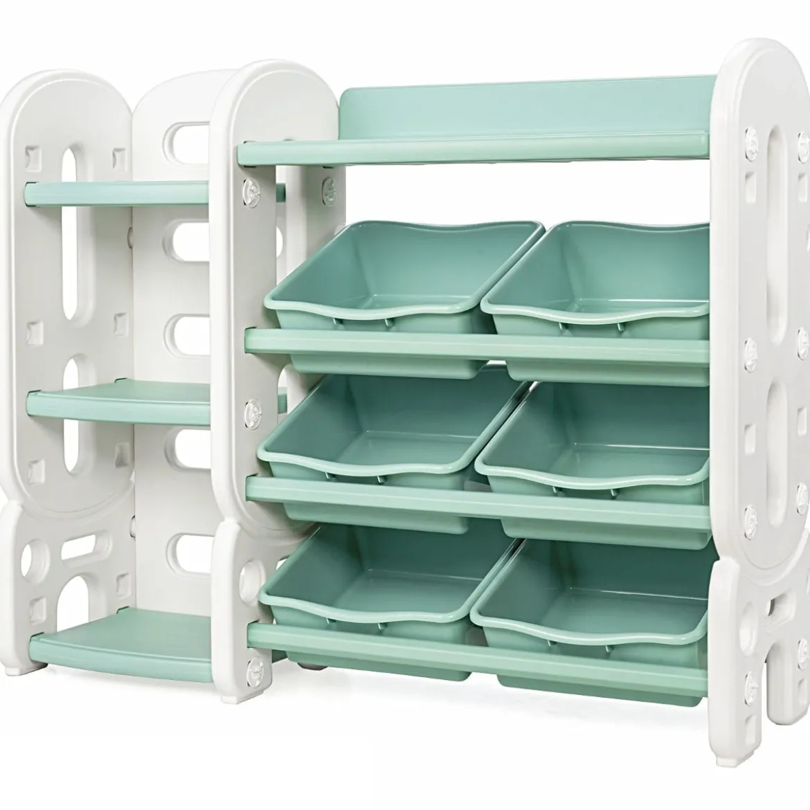 Kinder Spielzeugregal mit 6 Aufbewahrungsboxen und 4 Ablagen Eckregal aus Kunststoff Kinderregal 112 x 35 x 92 cm Grün