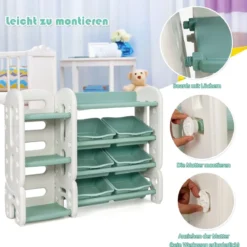 Kinder Spielzeugregal mit 6 Aufbewahrungsboxen und 4 Ablagen Eckregal aus Kunststoff Kinderregal 112 x 35 x 92 cm Grün