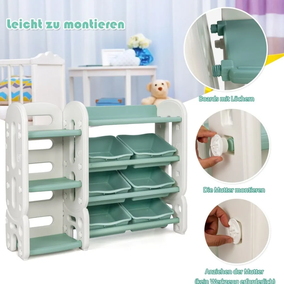 Kinder Spielzeugregal mit 6 Aufbewahrungsboxen und 4 Ablagen Eckregal aus Kunststoff Kinderregal 112 x 35 x 92 cm Grün