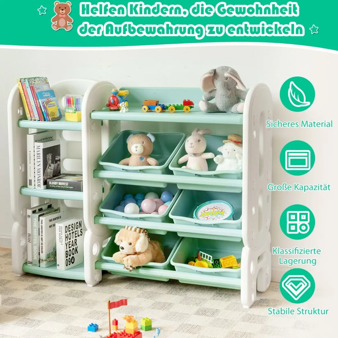 Kinder Spielzeugregal mit 6 Aufbewahrungsboxen und 4 Ablagen Eckregal aus Kunststoff Kinderregal 112 x 35 x 92 cm Grün