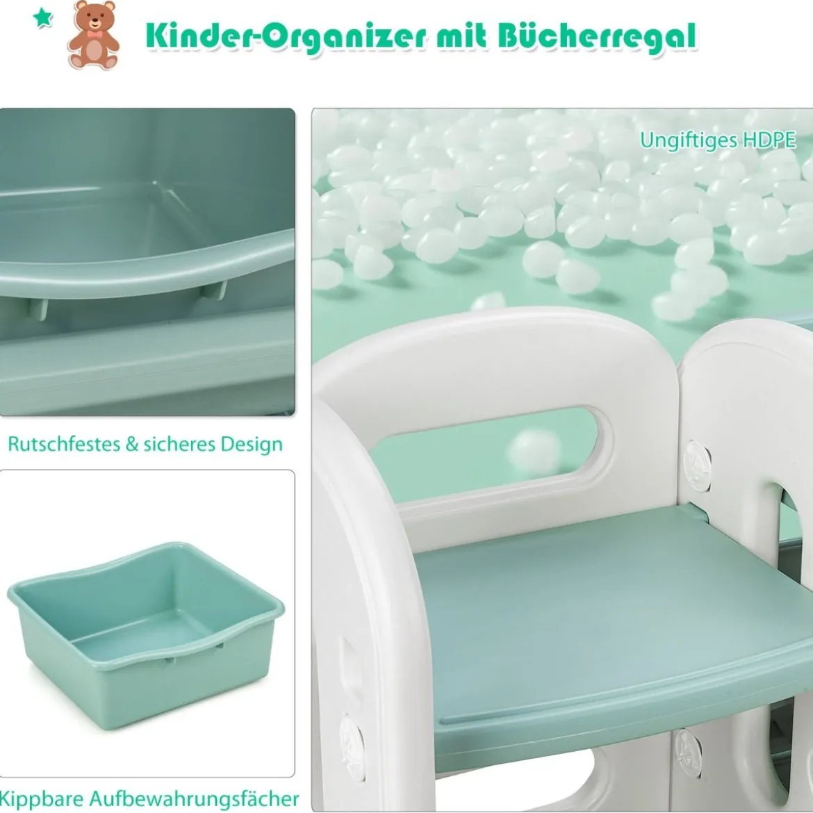 Kinder Spielzeugregal mit 6 Aufbewahrungsboxen und 4 Ablagen Eckregal aus Kunststoff Kinderregal 112 x 35 x 92 cm Grün