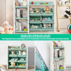 Kinder Spielzeugregal mit 6 Aufbewahrungsboxen und 4 Ablagen Eckregal aus Kunststoff Kinderregal 112 x 35 x 92 cm Grün