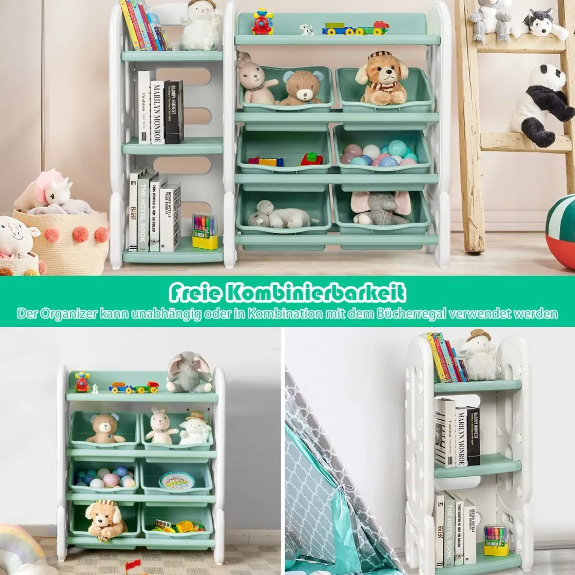 Kinder Spielzeugregal mit 6 Aufbewahrungsboxen und 4 Ablagen Eckregal aus Kunststoff Kinderregal 112 x 35 x 92 cm Grün