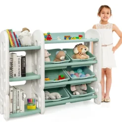 Kinder Spielzeugregal mit 6 Aufbewahrungsboxen und 4 Ablagen Eckregal aus Kunststoff Kinderregal 112 x 35 x 92 cm Grün