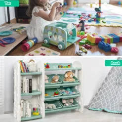 Kinder Spielzeugregal mit 6 Aufbewahrungsboxen und 4 Ablagen Eckregal aus Kunststoff Kinderregal 112 x 35 x 92 cm Grün