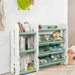 Kinder Spielzeugregal mit 6 Aufbewahrungsboxen und 4 Ablagen Eckregal aus Kunststoff Kinderregal 112 x 35 x 92 cm Grün