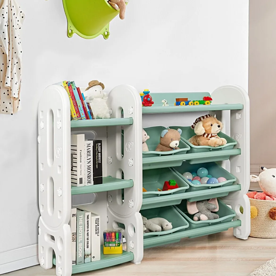 Kinder Spielzeugregal mit 6 Aufbewahrungsboxen und 4 Ablagen Eckregal aus Kunststoff Kinderregal 112 x 35 x 92 cm Grün