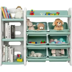 Kinder Spielzeugregal mit 6 Aufbewahrungsboxen und 4 Ablagen Eckregal aus Kunststoff Kinderregal 112 x 35 x 92 cm Grün