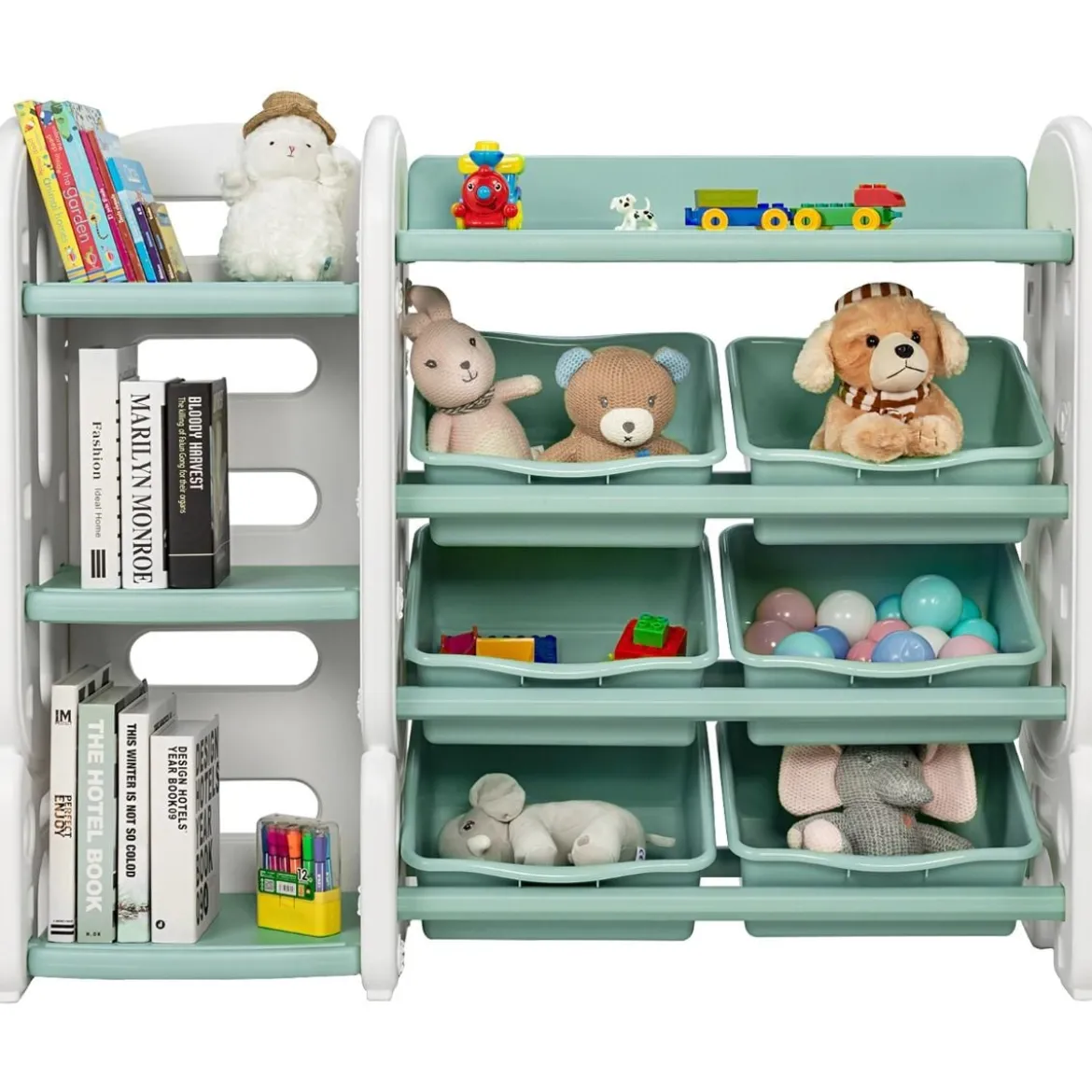 Kinder Spielzeugregal mit 6 Aufbewahrungsboxen und 4 Ablagen Eckregal aus Kunststoff Kinderregal 112 x 35 x 92 cm Grün