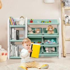 Kinder Spielzeugregal mit 6 Aufbewahrungsboxen und 4 Ablagen Eckregal aus Kunststoff Kinderregal 112 x 35 x 92 cm Grün