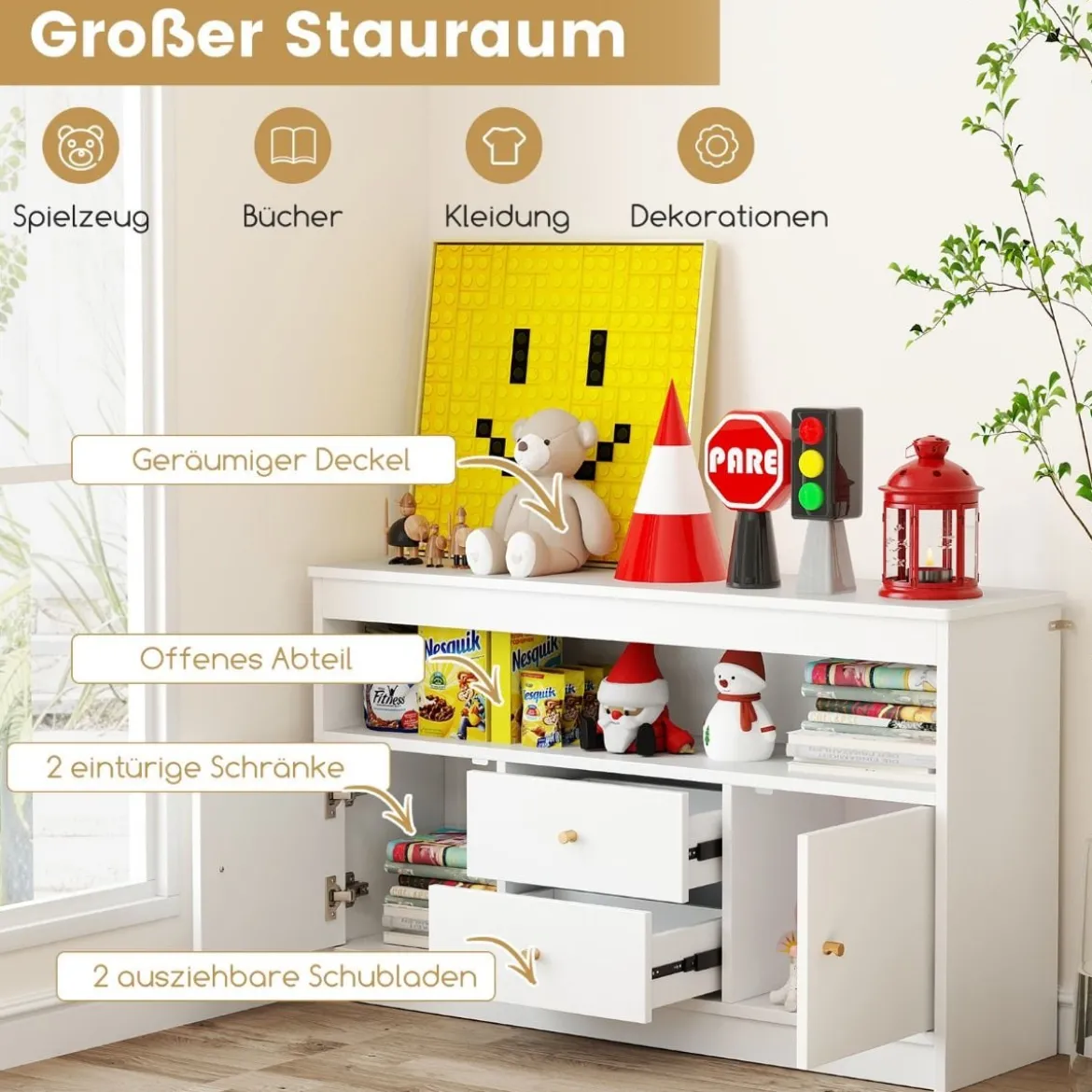 Kinder Spielzeugschrank aus Holz mit 2 Schubladen & 2 Türen Kinderregal Kinderschrank
