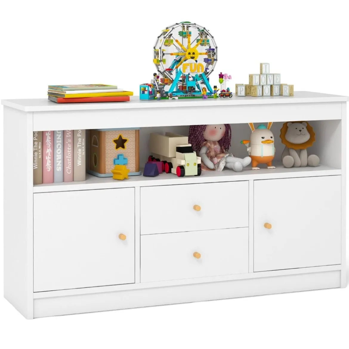 Kinder Spielzeugschrank aus Holz mit 2 Schubladen & 2 Türen Kinderregal Kinderschrank