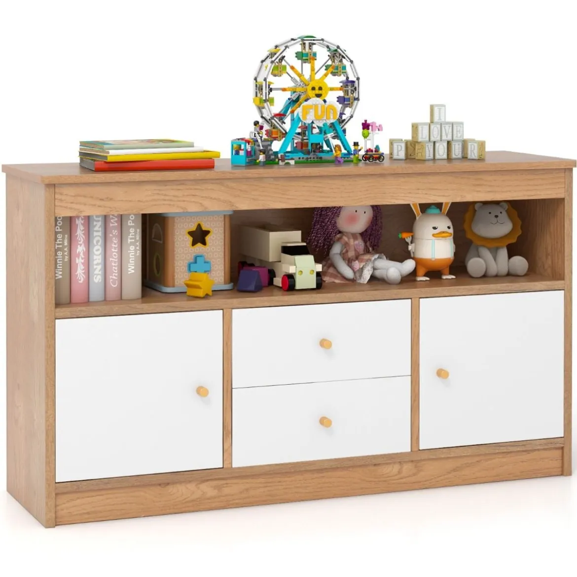 Kinder Spielzeugschrank aus Holz mit 2 Schubladen & 2 Türen Kinderregal Kinderschrank