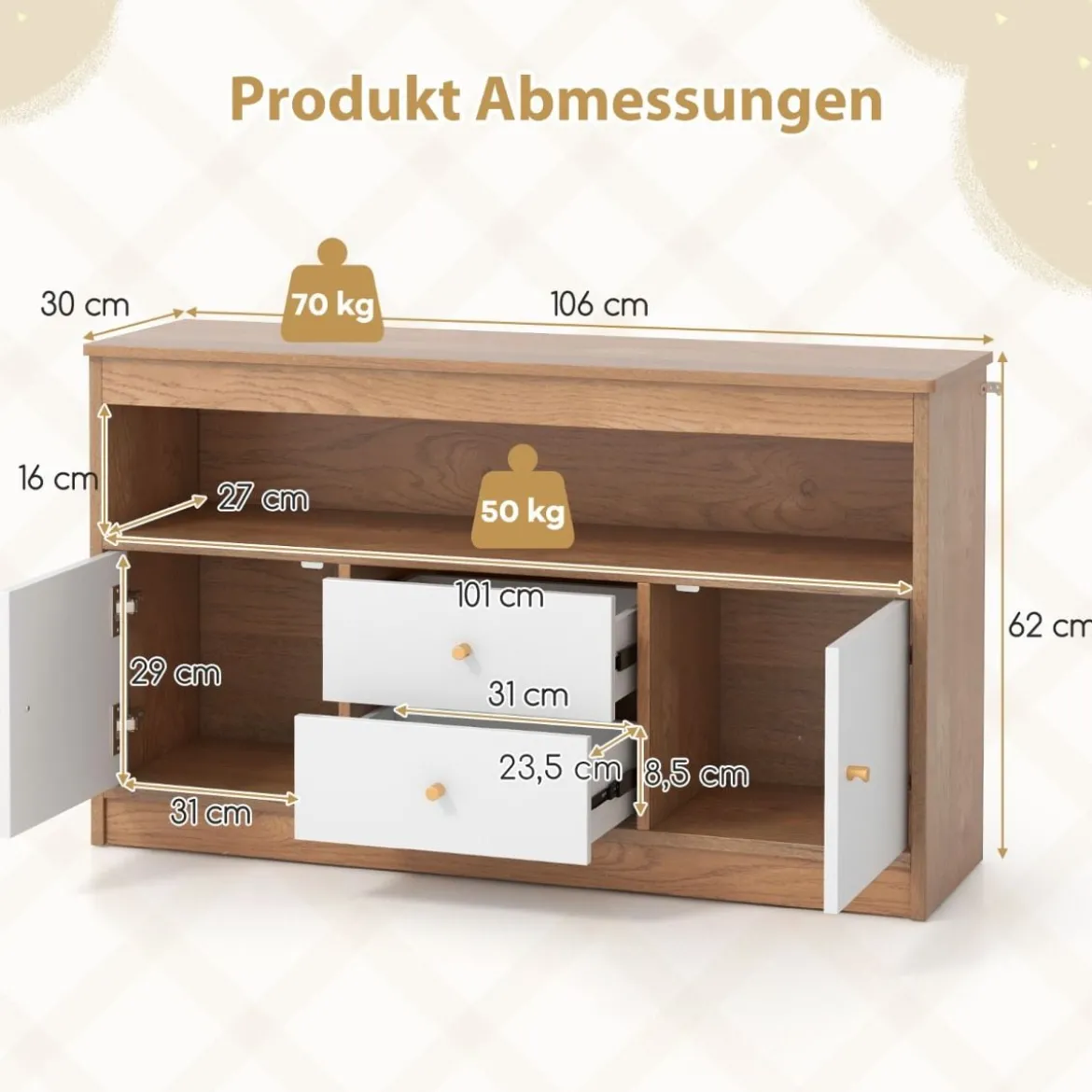 Kinder Spielzeugschrank aus Holz mit 2 Schubladen & 2 Türen Kinderregal Kinderschrank