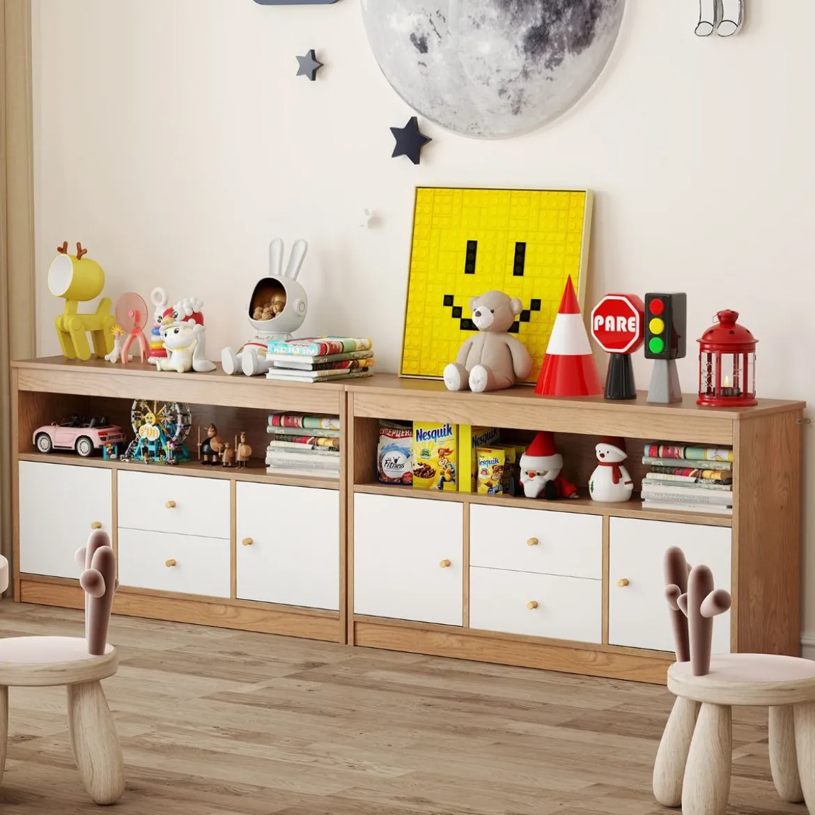 Kinder Spielzeugschrank aus Holz mit 2 Schubladen & 2 Türen Kinderregal Kinderschrank