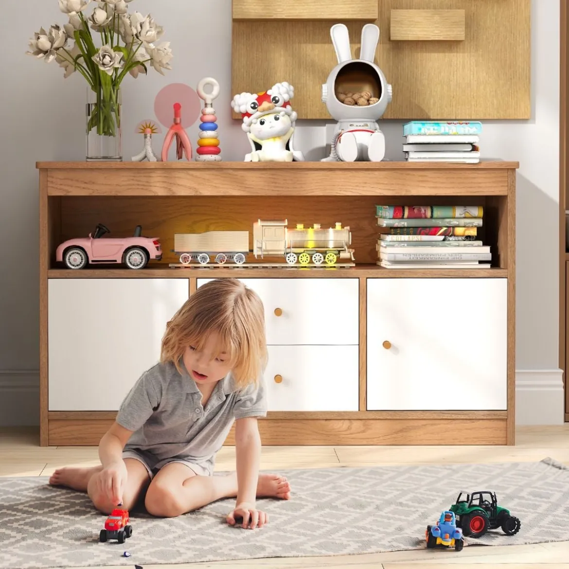 Kinder Spielzeugschrank aus Holz mit 2 Schubladen & 2 Türen Kinderregal Kinderschrank