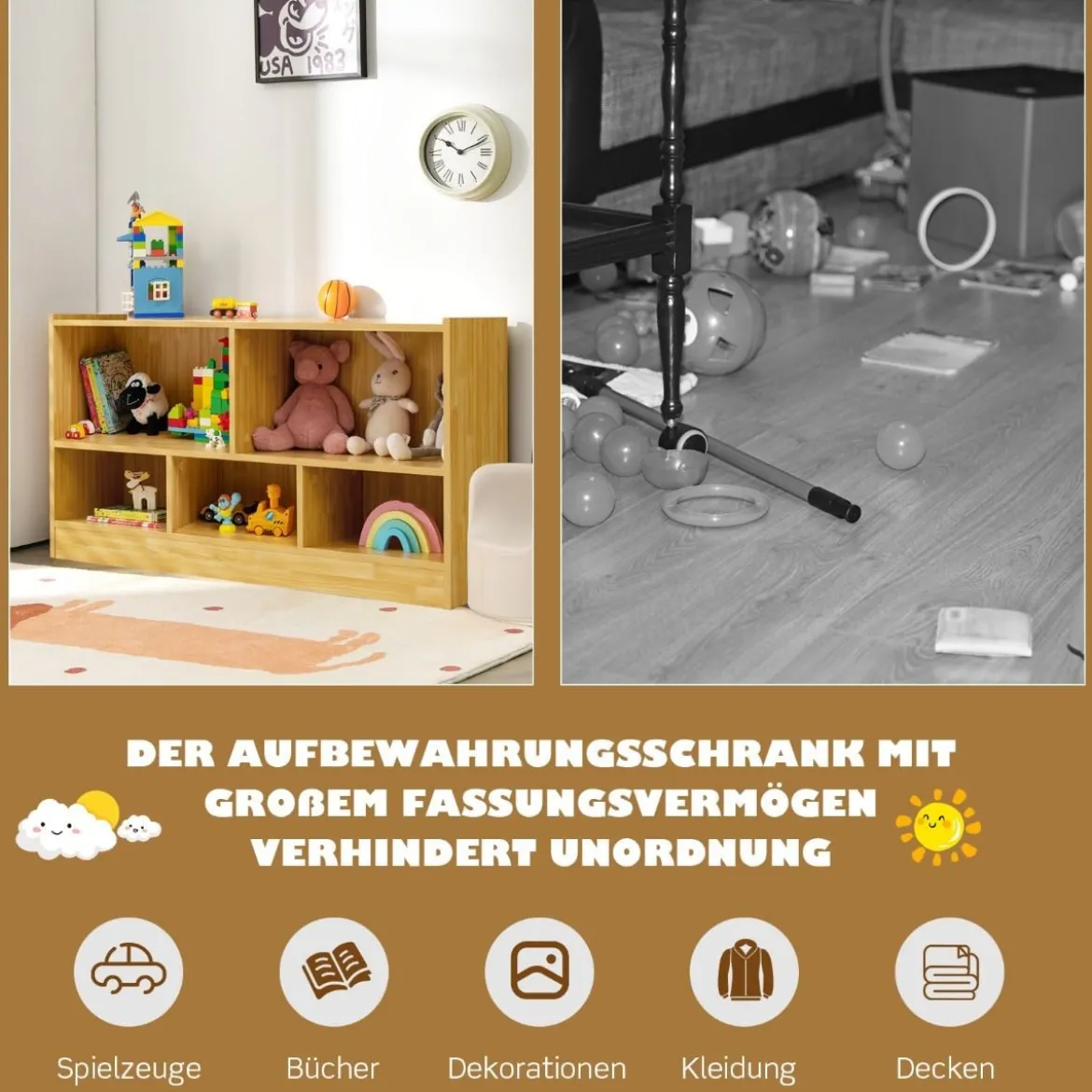Kinder Spielzeugschrank aus Holz Kinderregal Bücherregal 111 x 30 x 61,5 cm
