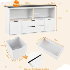 Kinder Spielzeugschrank Kinderregal Kommode mit 3 Schubladen & Rollen 121 x 33 x 62 cm