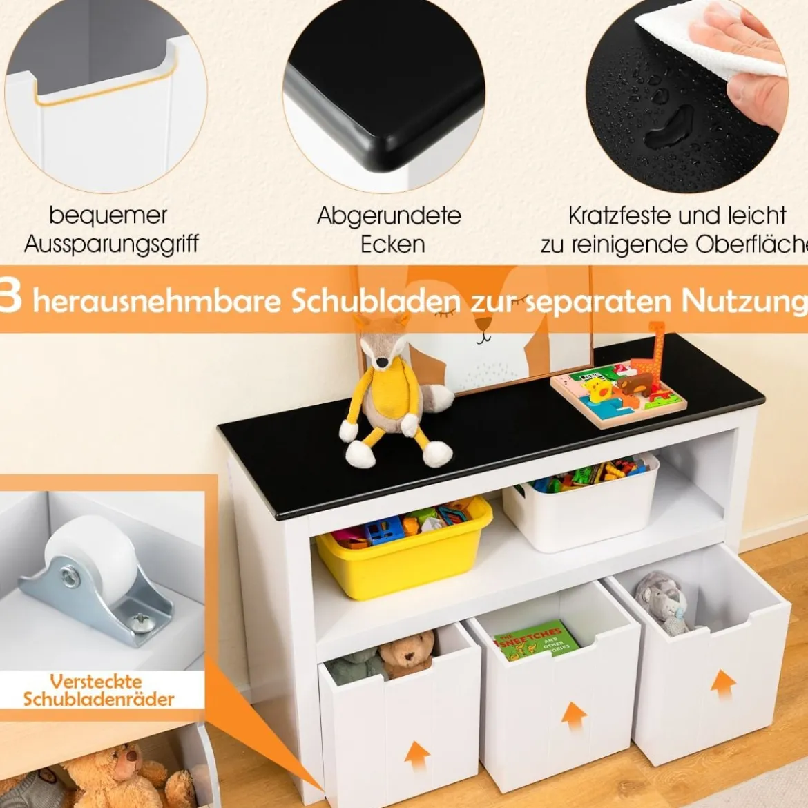 Kinder Spielzeugschrank Kinderregal Kommode mit 3 Schubladen & Rollen 102 x 33 x 62 cm