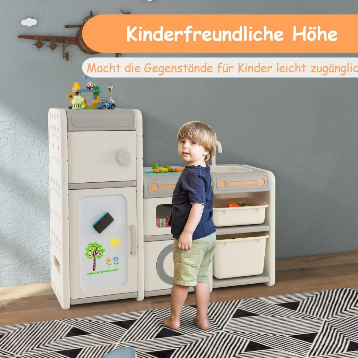 Kinder Spielzeugschrank mit Magnetischem Whiteboard & Abnehmbarem Waschbecken & Wasserhahn