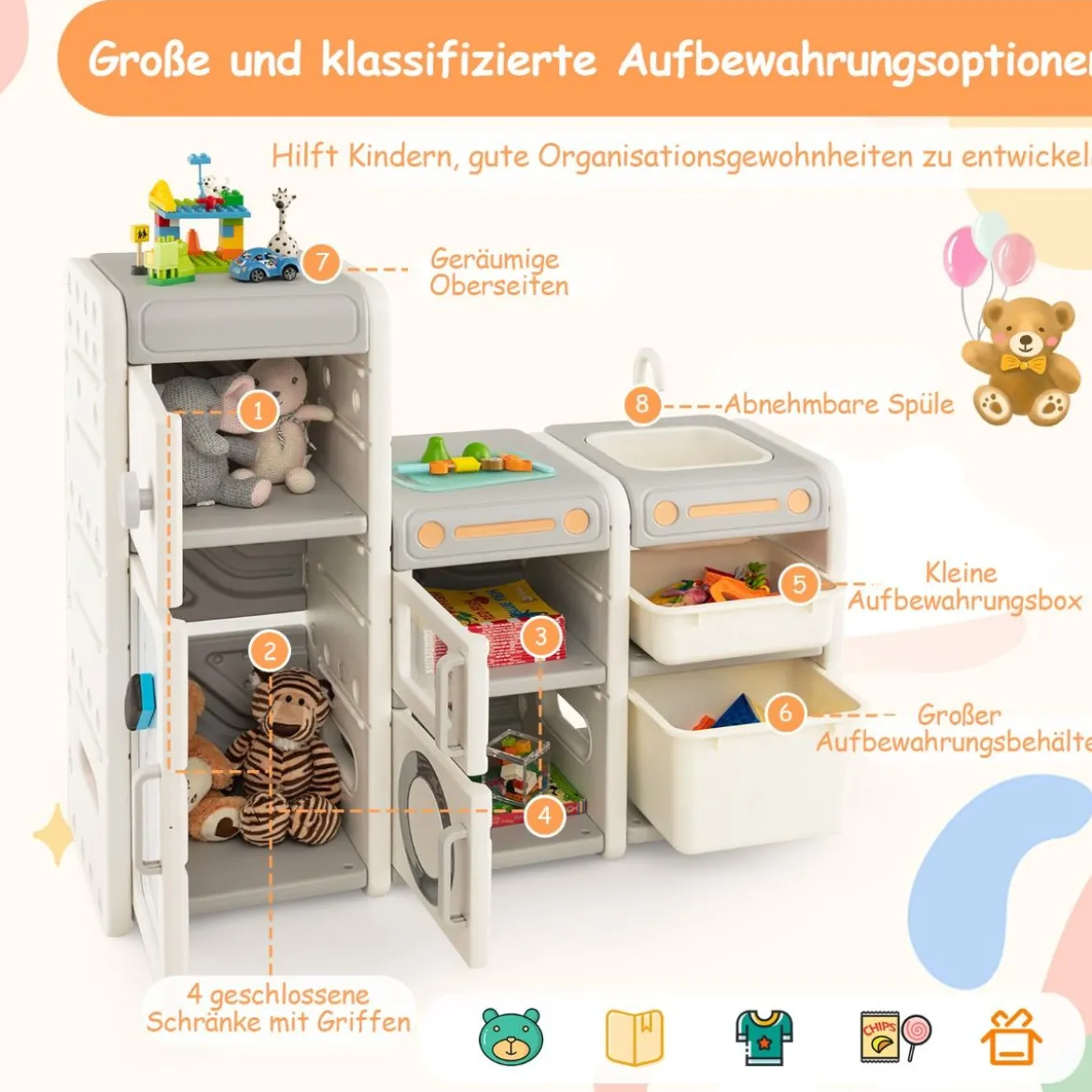 Kinder Spielzeugschrank mit Magnetischem Whiteboard & Abnehmbarem Waschbecken & Wasserhahn