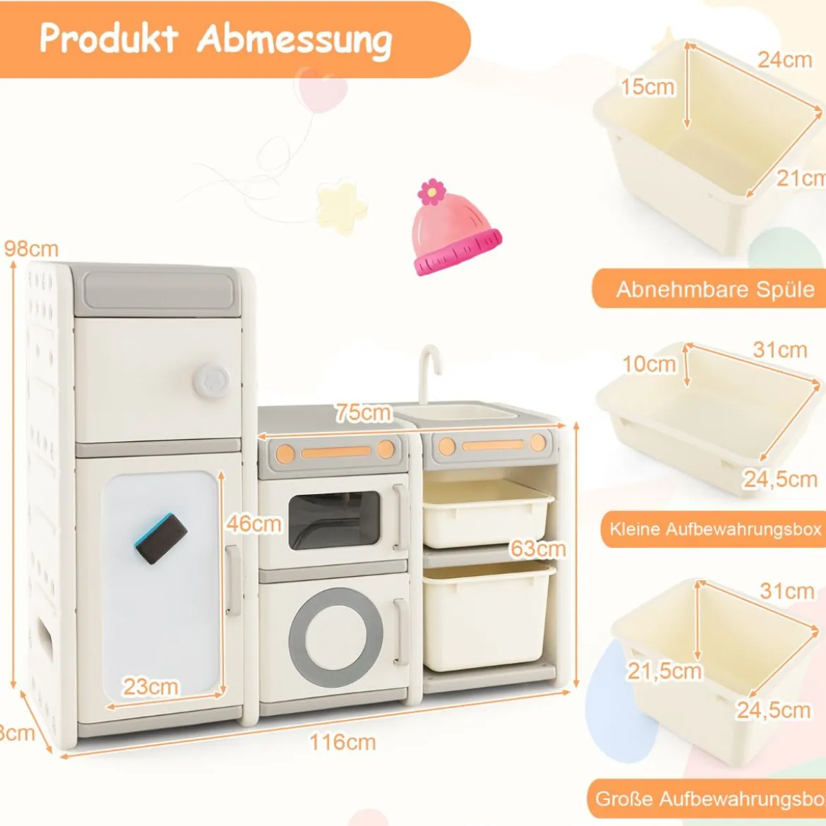 Kinder Spielzeugschrank mit Magnetischem Whiteboard & Abnehmbarem Waschbecken & Wasserhahn