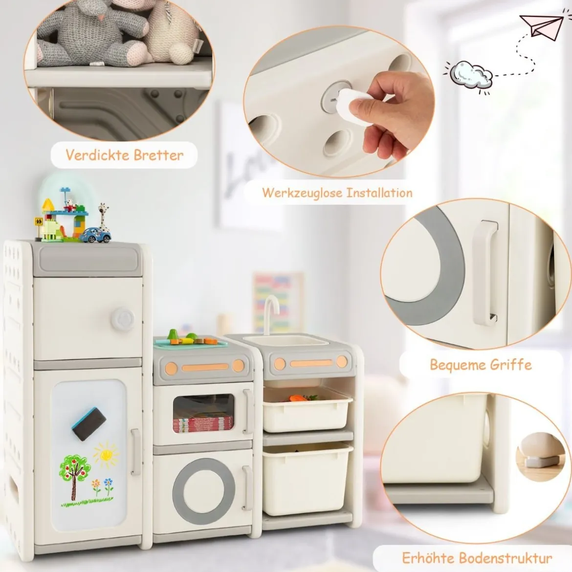 Kinder Spielzeugschrank mit Magnetischem Whiteboard & Abnehmbarem Waschbecken & Wasserhahn