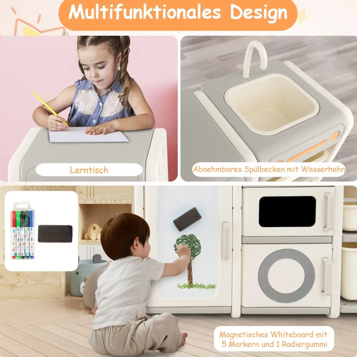Kinder Spielzeugschrank mit Magnetischem Whiteboard & Abnehmbarem Waschbecken & Wasserhahn