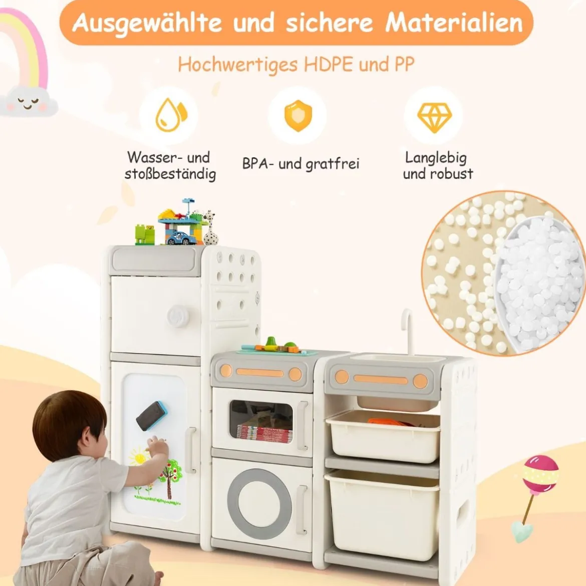 Kinder Spielzeugschrank mit Magnetischem Whiteboard & Abnehmbarem Waschbecken & Wasserhahn