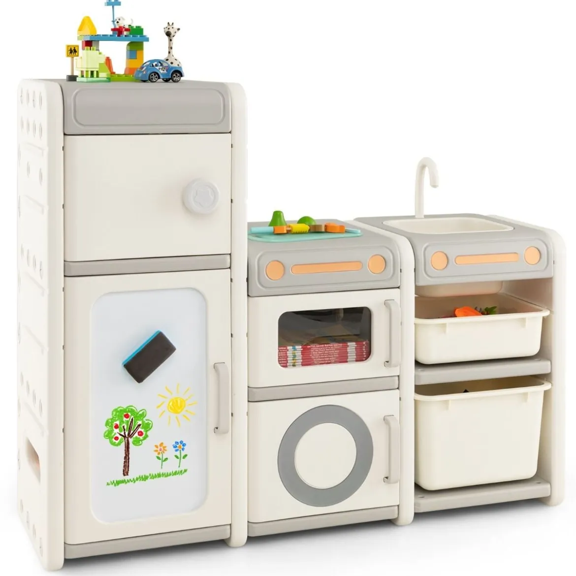 Kinder Spielzeugschrank mit Magnetischem Whiteboard & Abnehmbarem Waschbecken & Wasserhahn