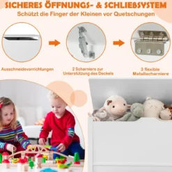 Kinder Spielzeugtruhe aus Holz 2 in 1 Spielzeugkiste & Sitzbank mit aufklappbarem Deckel Weiß