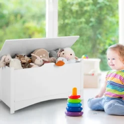 Kinder Spielzeugtruhe aus Holz 2 in 1 Spielzeugkiste & Sitzbank mit aufklappbarem Deckel Weiß