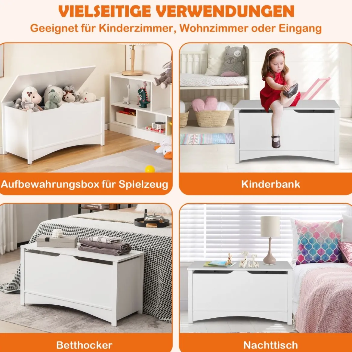 Kinder Spielzeugtruhe aus Holz 2 in 1 Spielzeugkiste & Sitzbank mit aufklappbarem Deckel Weiß