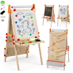 Kinder Staffelei 3 in 1 doppelseitige Kidnertafel aus Holz mit Magnet-Whiteboard Natur