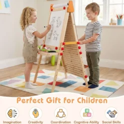 Kinder Staffelei 3 in 1 doppelseitige Kidnertafel aus Holz mit Magnet-Whiteboard Natur