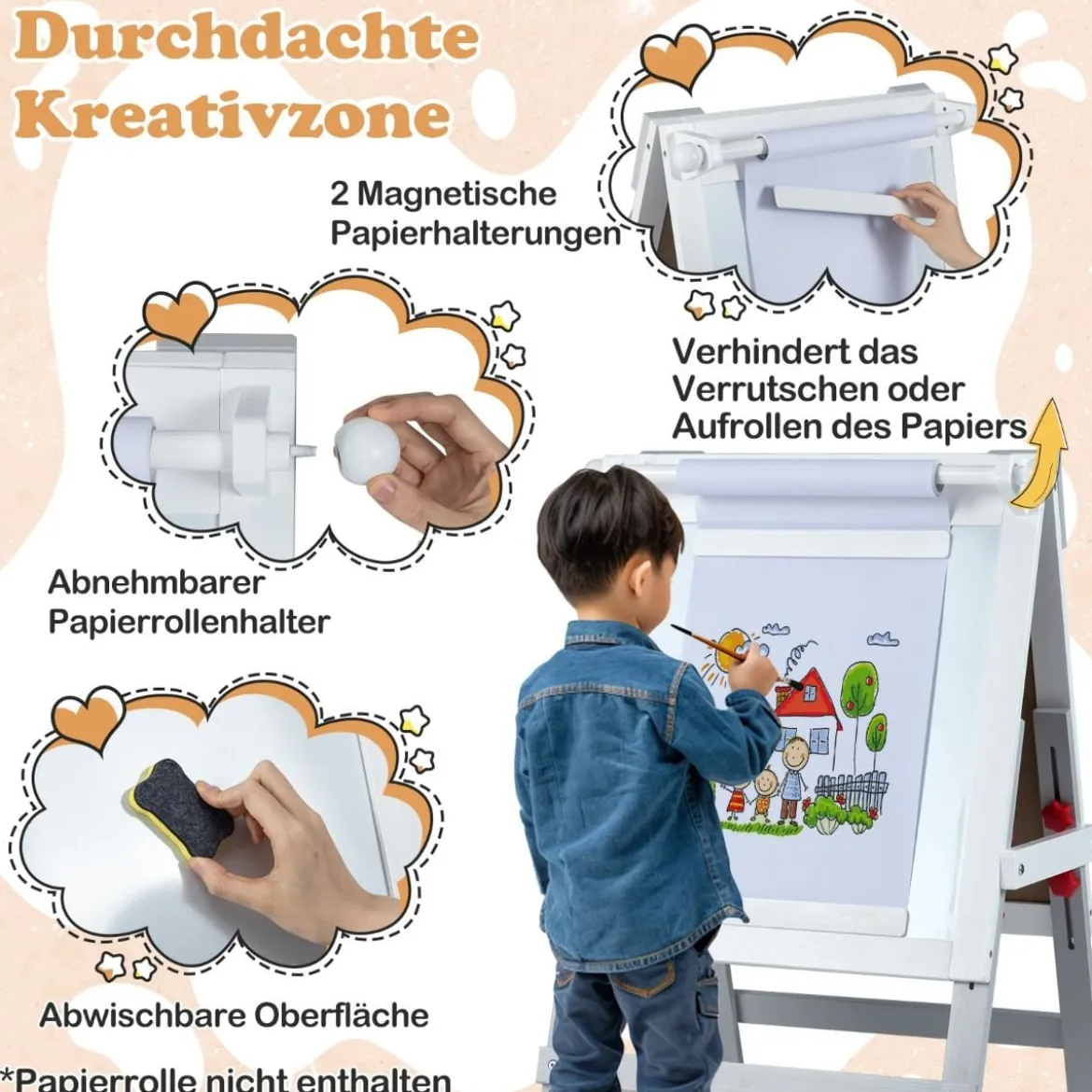 Kinder Staffelei mit Stuhl Höhenverstellbare Kindertafel mit Kreidetafel & Whiteboard Grau