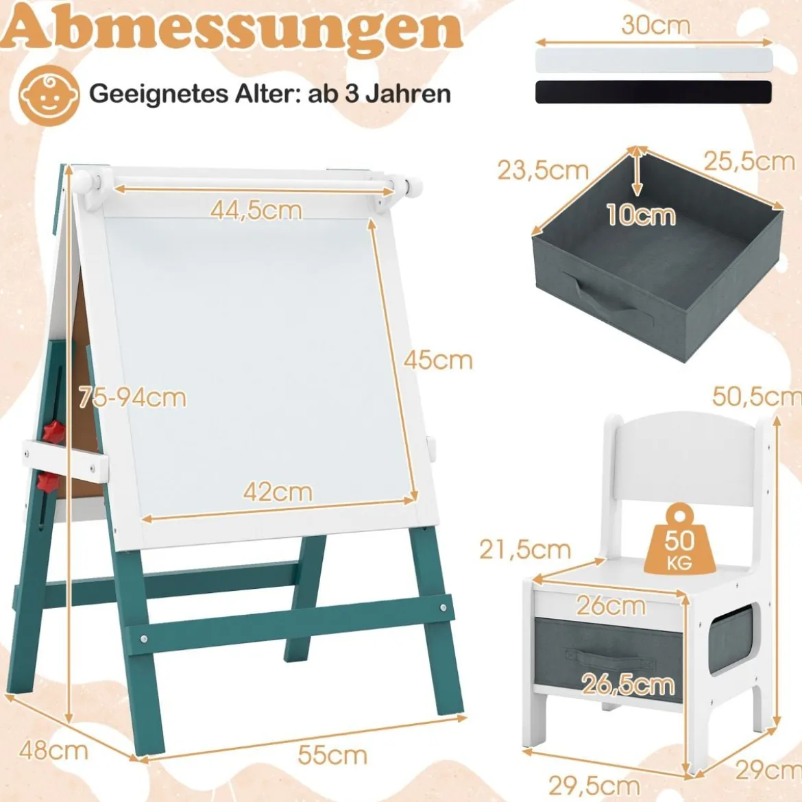 Kinder Staffelei mit Stuhl Höhenverstellbare Kindertafel mit Kreidetafel & Whiteboard Grün