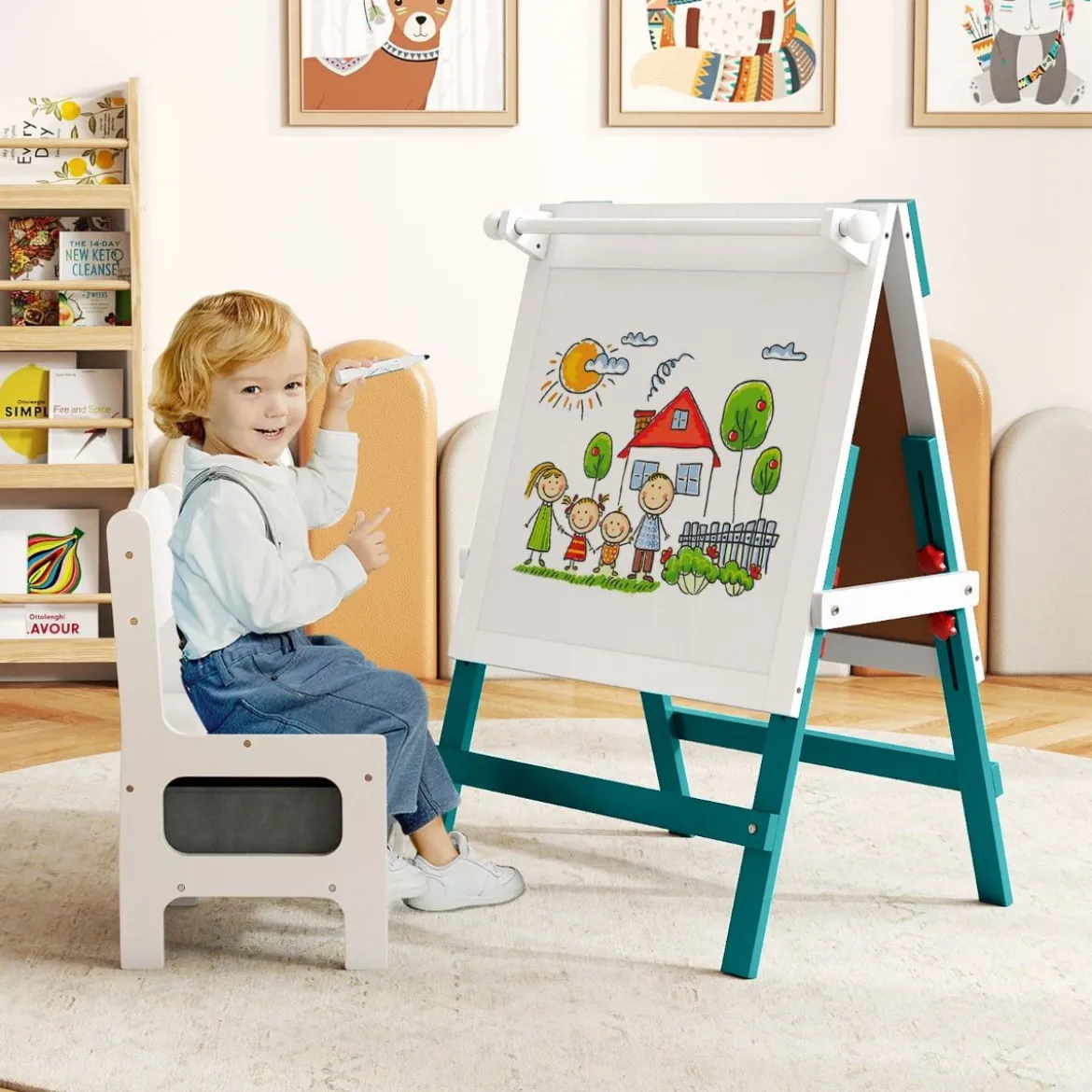 Kinder Staffelei mit Stuhl Höhenverstellbare Kindertafel mit Kreidetafel & Whiteboard Grün
