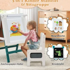 Kinder Staffelei mit Stuhl Höhenverstellbare Kindertafel mit Kreidetafel & Whiteboard Grün