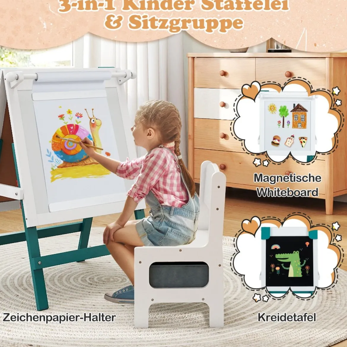 Kinder Staffelei mit Stuhl Höhenverstellbare Kindertafel mit Kreidetafel & Whiteboard Grün